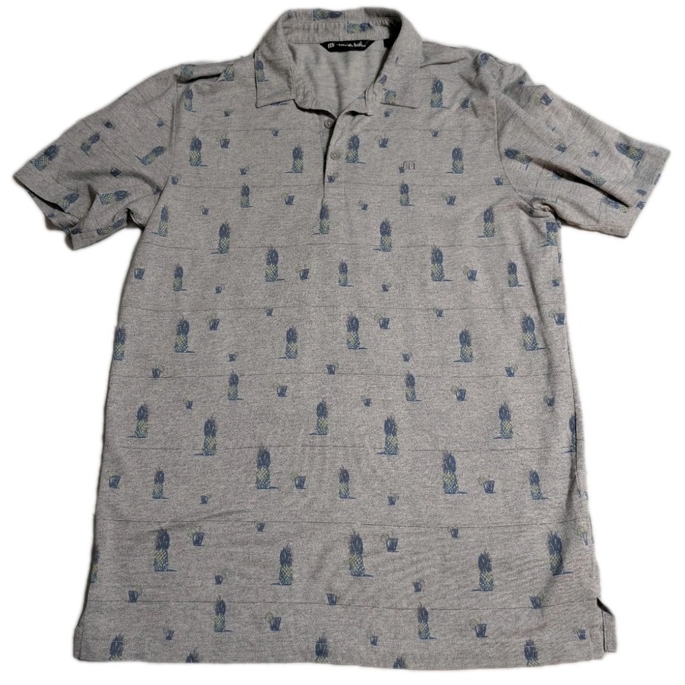 TravisMathew Pineapple Print Polo Shirt Mens Medium Gray‎ Stretch Golf Casual